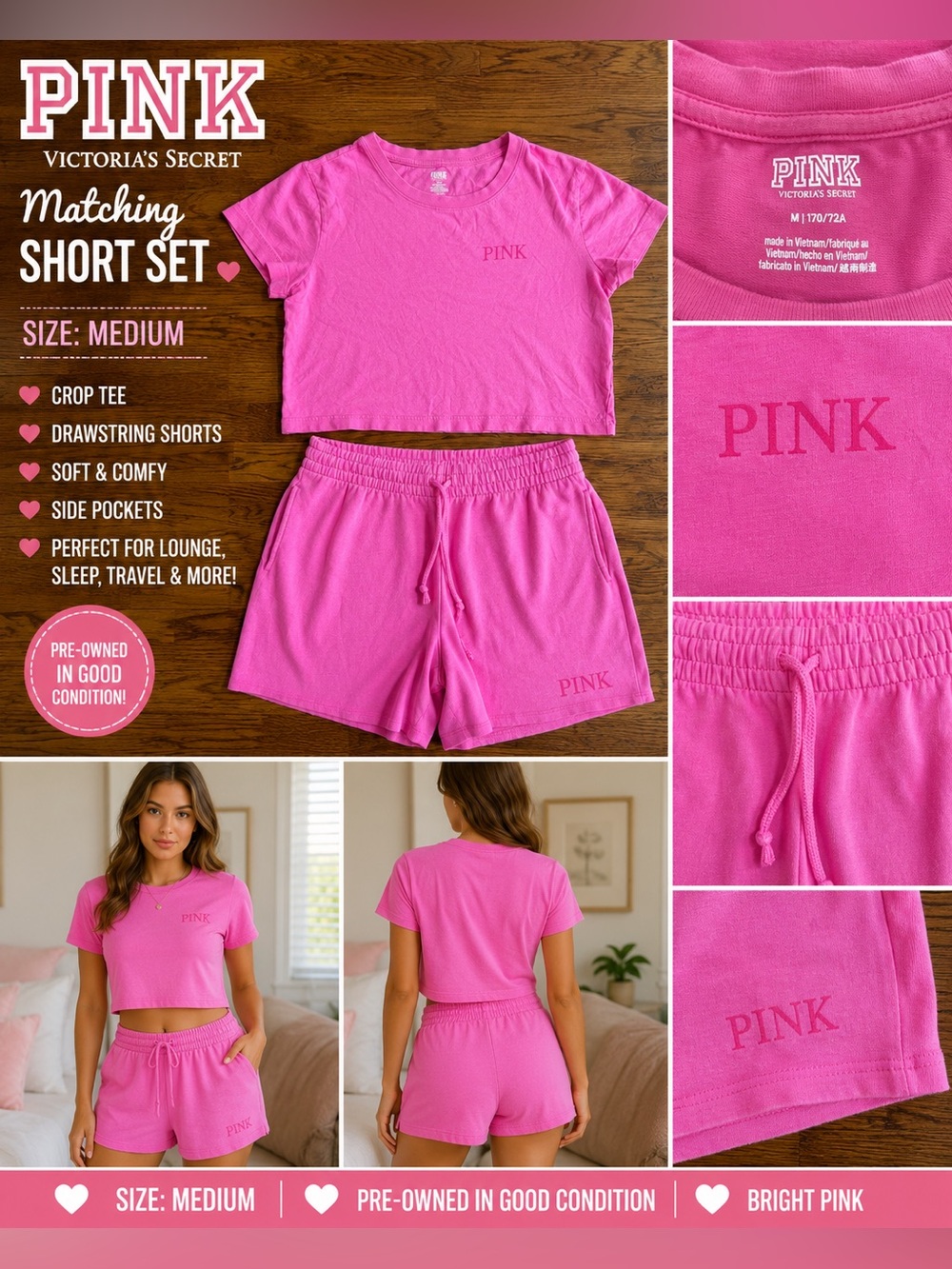 PINK Victoria’s Secret Bright Pink Crop Tee & Shorts Lounge Set Size Medium